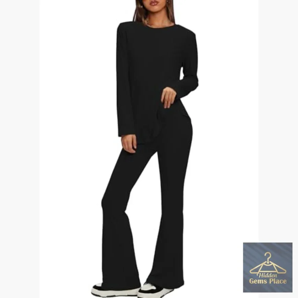 2 Piece Lounge Set Cross Waist Flare Pants Long Sleeve Tunic Top